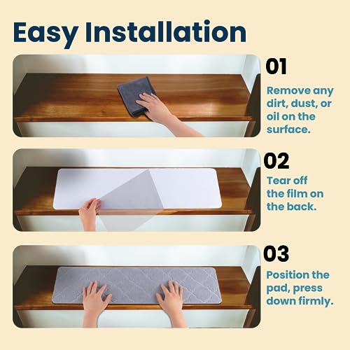 a step by step instructions for installing a shelf with text: 'Easy Installation 01 Remove any dirt, dust, or oil on the surface. 02 Tear off the film on the back. 03 Position the pad, press down firmly.'