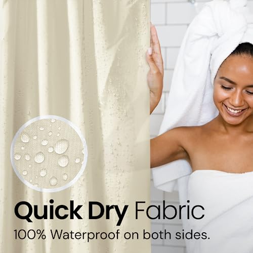 a person wrapped in a towel with text: 'Quick Dry Fabric 100% Waterproof on both sides.'
