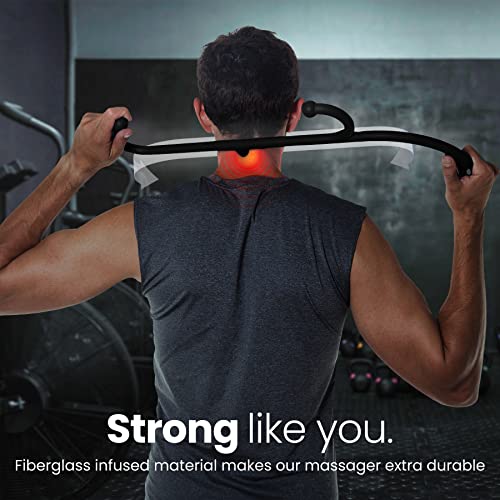 a person holding a bar with a neck pain with text: 'Strong like you. Fiberglass infused material makes our massager extra durable'