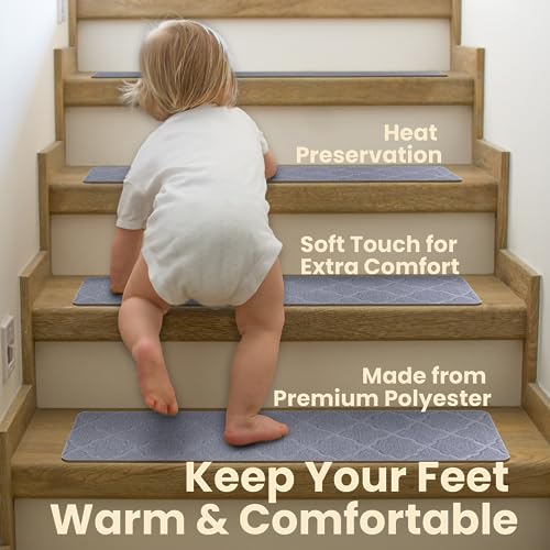 a baby climbing up the stairs with text: 'Heat Preservation Soft Touch for Extra Comfort Made from Premium Polyester Keep Your Feet Warm & Comfortable'