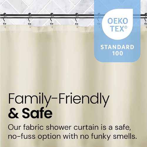 a shower curtain with text on it with text: 'OEKO TEX® STANDARD 100 Family-Friendly & Safe Our fabric shower curtain is a safe, no-fuss option with no funky smells.'