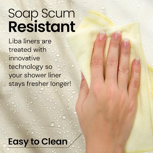 a hand holding a yellow towel with text: 'Soap Scum Resistant Liba liners are treated with innovative technology so your shower liner stays fresher longer! Easy to Clean'