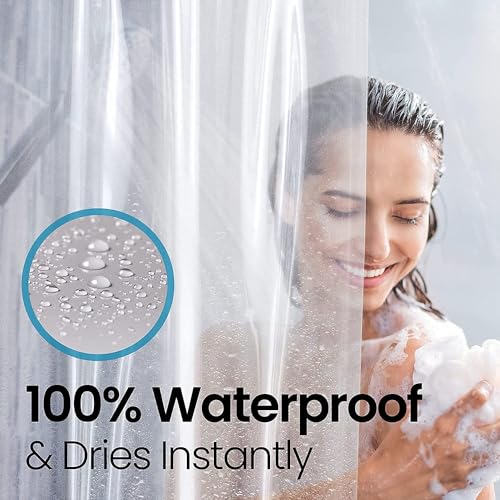 a person taking a shower with text: '100% Waterproof & Dries Instantly'