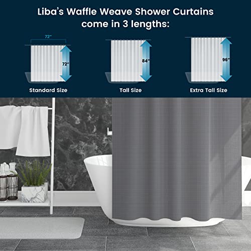 a bathtub with a shower curtain with text: 'Liba's Waffle Weave Shower Curtains come in 3 lengths: 72" 72' 84" Standard Size Tall Size Extra Tall Size'