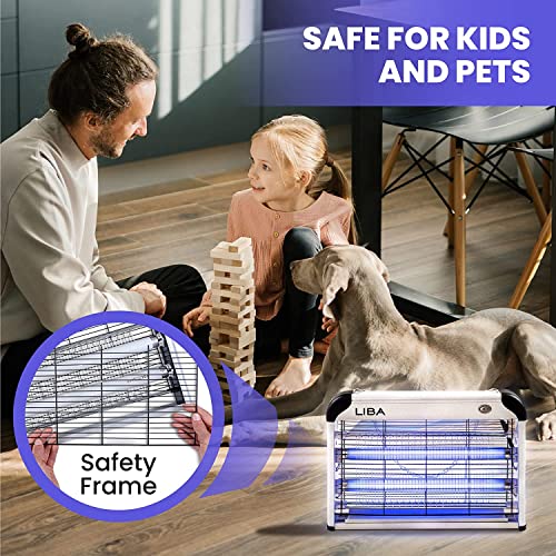a person and child playing with a dog with text: 'SAFE FOR KIDS AND PETS LIBA Safety Frame'