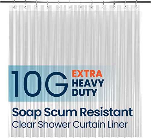 a shower curtain with a white curtain with text: '10G EXTRA HEAVY DUTY Soap Scum Resistant Clear Shower Curtain Liner'