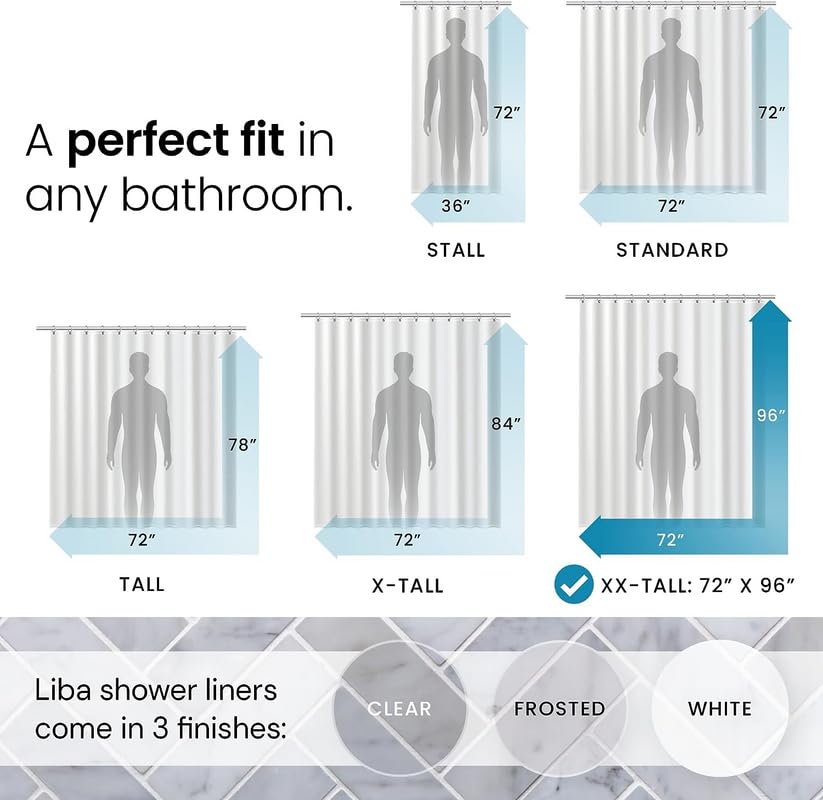 a diagram of a shower curtain with text: 'A perfect fit in 72" 72" any bathroom. 36" 72" STALL STANDARD 84" 96" 78" 72" 72" 72" TALL X-TALL XX-TALL: 72" 96" Liba shower liners come in 3 finishes: CLEAR FROSTED WHITE'