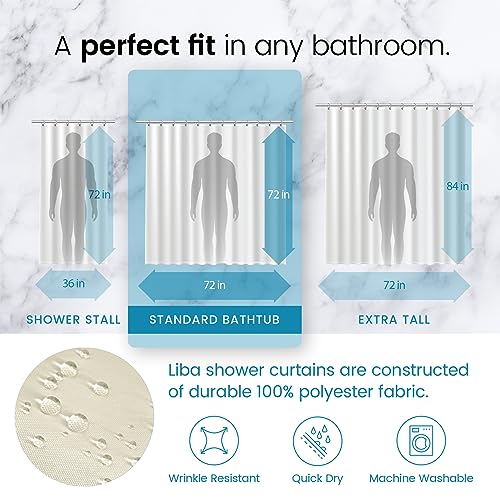a diagram of a person shower curtain with text: 'A perfect fit in any bathroom. 84 in 72 in 72 36 in 72 in 72 in SHOWER STALL STANDARD BATHTUB EXTRA TALL Liba shower curtains are constructed of durable 100% polyester fabric. ---- Wrinkle Resistant Quick Dry Machine Washable'