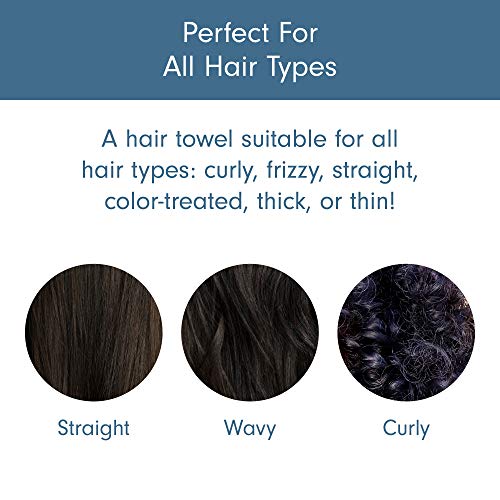 a poster of different types of hair with text: 'Perfect For All Hair Types A hair towel suitable for all hair types: curly, frizzy, straight, color-treated, thick, or thin! Straight Wavy Curly'
