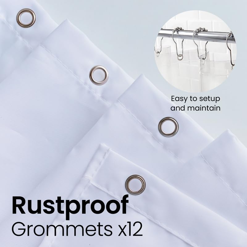 a white shower curtain with metal rings with text: 'Easy to setup and maintain Rustproof Grommets x12'