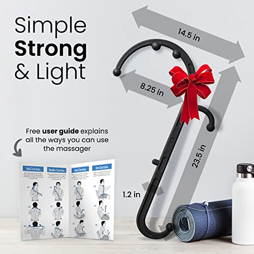a massage tool with a bow and a massage bottle with text: 'Simple 14.5 in Strong & Light 8.25 in Free user guide explains all the ways you can use the massager 23.5 in in'