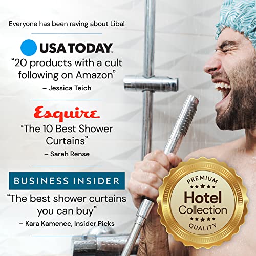 a person in shower with a shower head and a gold medal with text: 'Everyone has been raving about Liba! USA TODAY. "20 products with a cult following on - Jessica Teich Esquire "The 10 Best Shower Curtains" - Sarah Rense BUSINESS INSIDER PREMIUM ***** "The best shower curtains Hotel you can buy Collection - Kara Kamenec, Insider Picks ***** QUALITY'