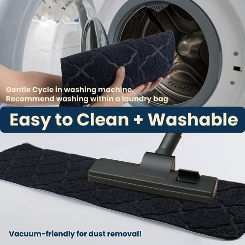 a hand holding a black towel next to a black rug with text: 'Gentle Cycle in washing machine Recommend washing within a laundry bag Easy to Clean + Washable Vacuum-friendly for dust removal!'