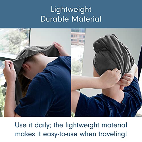 a person wearing a towel on their head with text: 'Lightweight Durable Material Use it daily; the lightweight material makes it easy-to-use when traveling!'