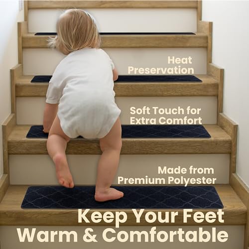a baby climbing up the stairs with text: 'Heat Preservation Soft Touch for Extra Comfort Made from Premium Polyester Keep Your Feet Warm & Comfortable'