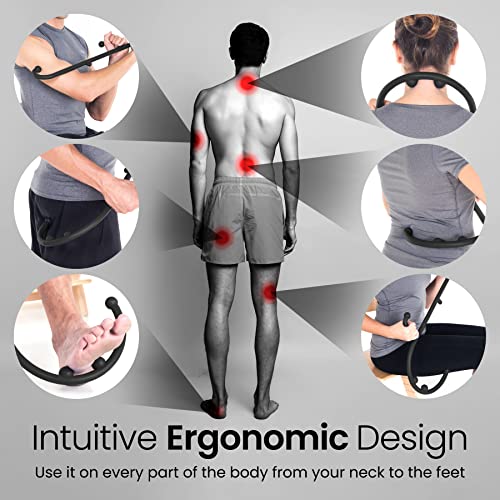 a person standing in front of a body with text: 'Intuitive Ergonomic Design Use it on every part of the body from your neck to the feet'