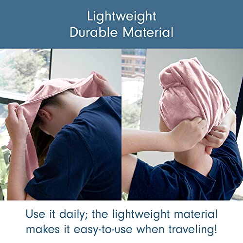 a person with a towel on their head with text: 'Lightweight Durable Material Use it daily; the lightweight material makes it easy-to-use when traveling!'