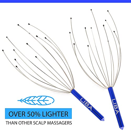 a pair of metal massagers with text: 'LIBA LIBA OVER 50% LIGHTER THAN OTHER SCALP MASSAGERS'