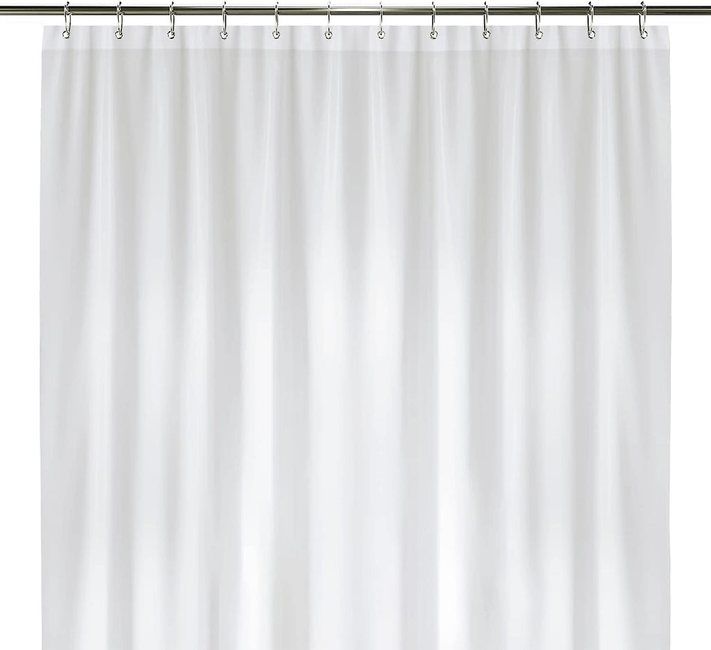a white shower curtain with metal rods