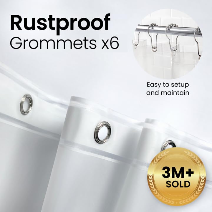 a white shower curtain with rings with text: 'Rustproof Grommets x6 Easy to setup and maintain 3M+ SOLD'