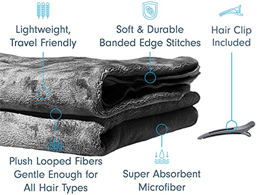 a close-up of a towel with text: 'Lightweight, Soft & Durable Hair Clip Travel Friendly Banded Edge Stitches Included Plush Looped Fibers Gentle Enough for Super Absorbent All Hair Types Microfiber'