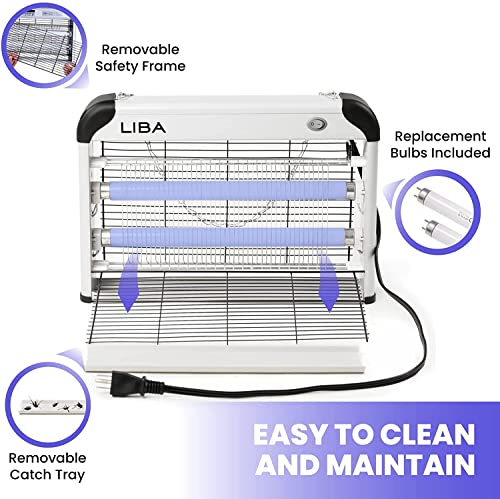 a white and black device with a wire with text: 'Removable Safety Frame LIBA Replacement Bulbs Included EASY TO CLEAN Removable Catch Tray AND MAINTAIN'