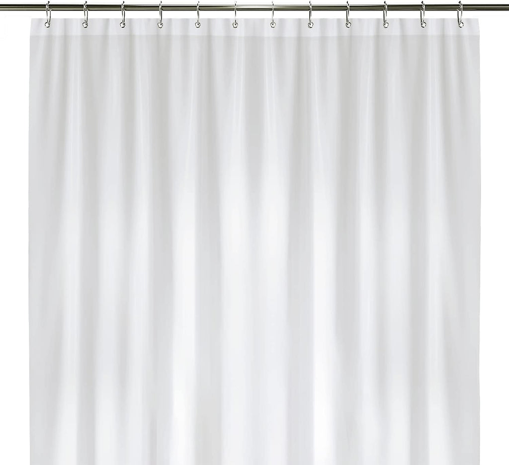 a white shower curtain with metal rod