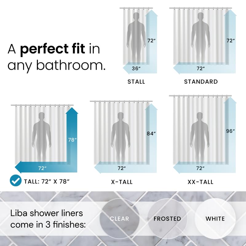 a screenshot of a bathroom with text: 'A perfect fit in 72" 72" any bathroom. 36" 72" STALL STANDARD 84" 96" 78" 72" 72" TALL: 72" 78" X-TALL XX-TALL Liba shower liners come in 3 finishes: CLEAR FROSTED WHITE'