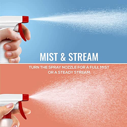 a collage of a spray bottle with text: 'MIST & STREAM TURN THE SPRAY NOZZLE FOR A FULL MIST OR A STEADY STREAM'