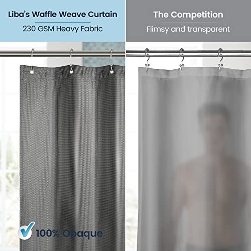 a grey shower curtain with a person in the background with text: 'Liba's Waffle Weave Curtain The Competition 230 GSM Heavy Fabric Flimsy and transparent V 100% @paque'