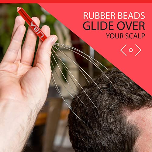 a person holding a metal object over their head with text: 'RUBBER BEADS GLIDE OVER YOUR SCALP LIBA'