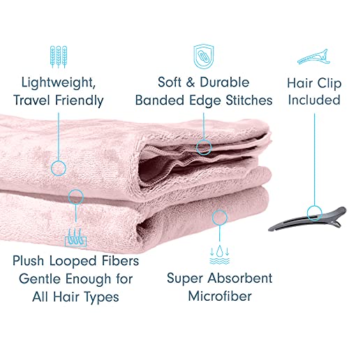 a stack of pink towels with text and blue circles with text: 'Lightweight, Soft & Durable Hair Clip Travel Friendly Banded Edge Stitches Included Plush Looped Fibers 101 Gentle Enough for Super Absorbent All Hair Types Microfiber'