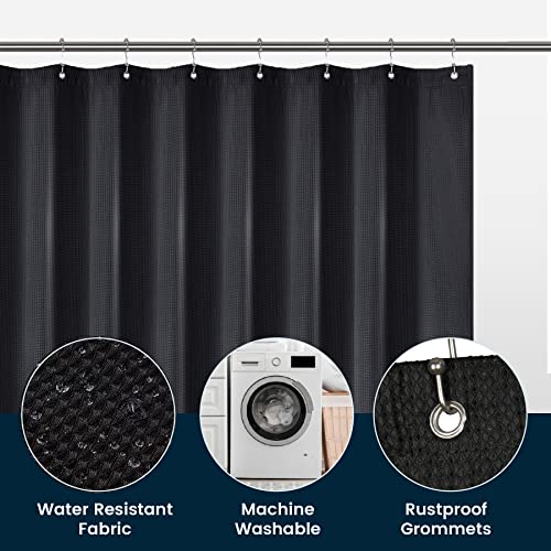 a shower curtain with a washing machine and a washing machine with text: 'Water Resistant Machine Rustproof Fabric Washable Grommets'