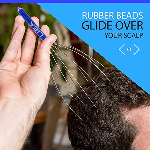 a hand holding a metal object with needles over a person's head with text: 'RUBBER BEADS GLIDE OVER YOUR SCALP LIBA'