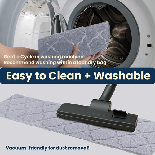 a person holding a grey towel with text: 'Gentle Cycle in washing machine. Recommend washing within a laundry bag Easy to Clean + Washable Vacuum-friendly for dust removal!'