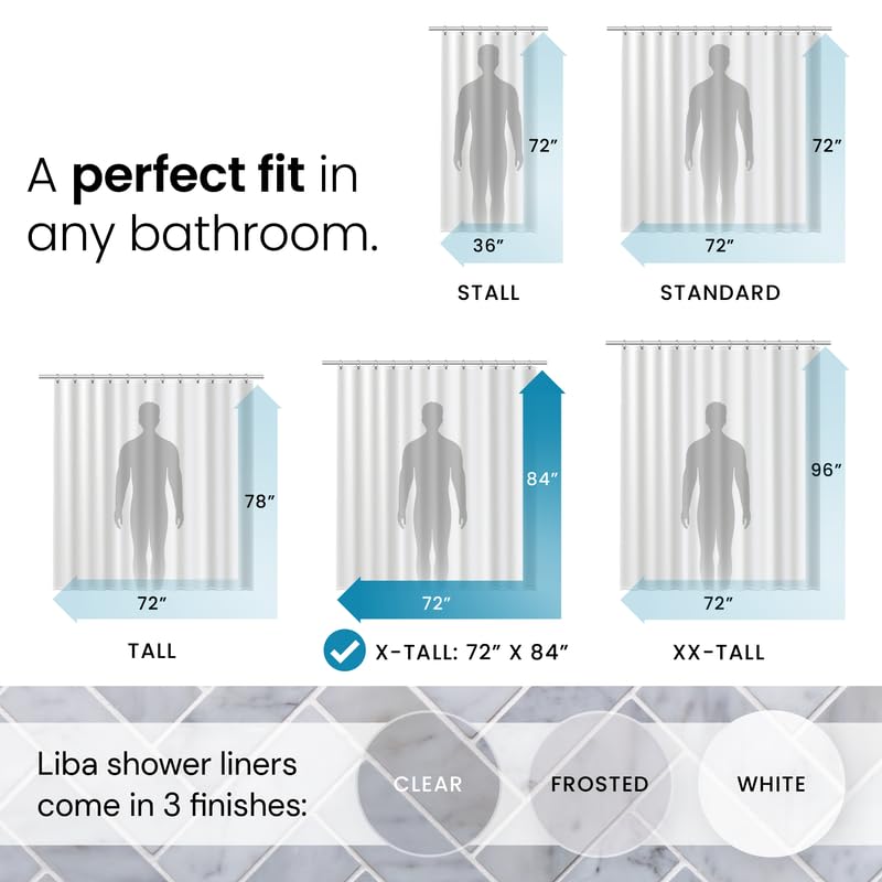 a screenshot of a bathroom with text: 'A perfect fit in 72" 72" any bathroom. 36" 72" STALL STANDARD 84" 96" 78" 72" 72" TALL X-TALL: 72" 84" XX-TALL Liba shower liners come in 3 finishes: CLEAR FROSTED WHITE'