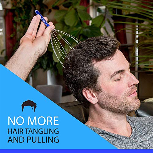 a person with his eyes closed holding a metal head massager with text: 'NO MORE HAIR TANGLING AND PULLING'