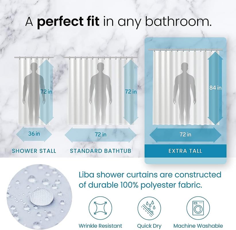 a diagram of a person's shower curtain with text: 'A perfect fit in any bathroom. 84 in 72 in 72 in 36 in 72 in 72 in SHOWER STALL STANDARD BATHTUB EXTRA TALL Liba shower curtains are constructed of durable 100% polyester fabric. Wrinkle Resistant Quick Dry Machine Washable'