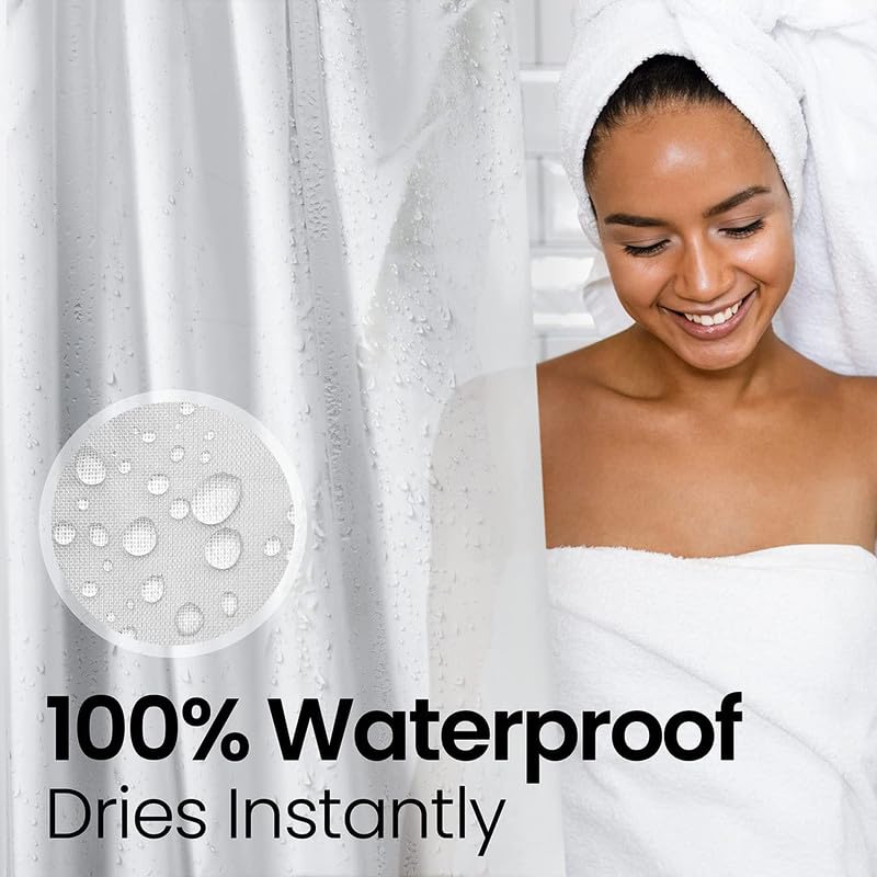 a person wrapped in a towel with text: '100% Waterproof Dries Instantly'