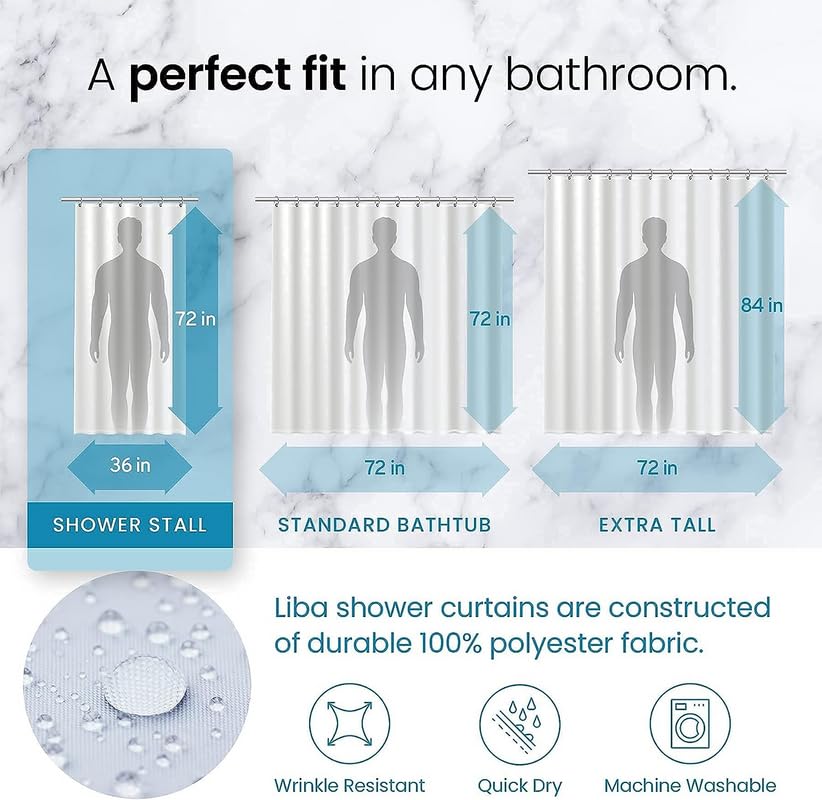 a shower curtain with different sizes and shapes with text: 'A perfect fit in any bathroom. 72 in 72 in 84 in 36 in 72 in 72 in SHOWER STALL STANDARD BATHTUB EXTRA TALL Liba shower curtains are constructed of durable 100% polyester fabric. D ----= Wrinkle Resistant Quick Dry Machine Washable'