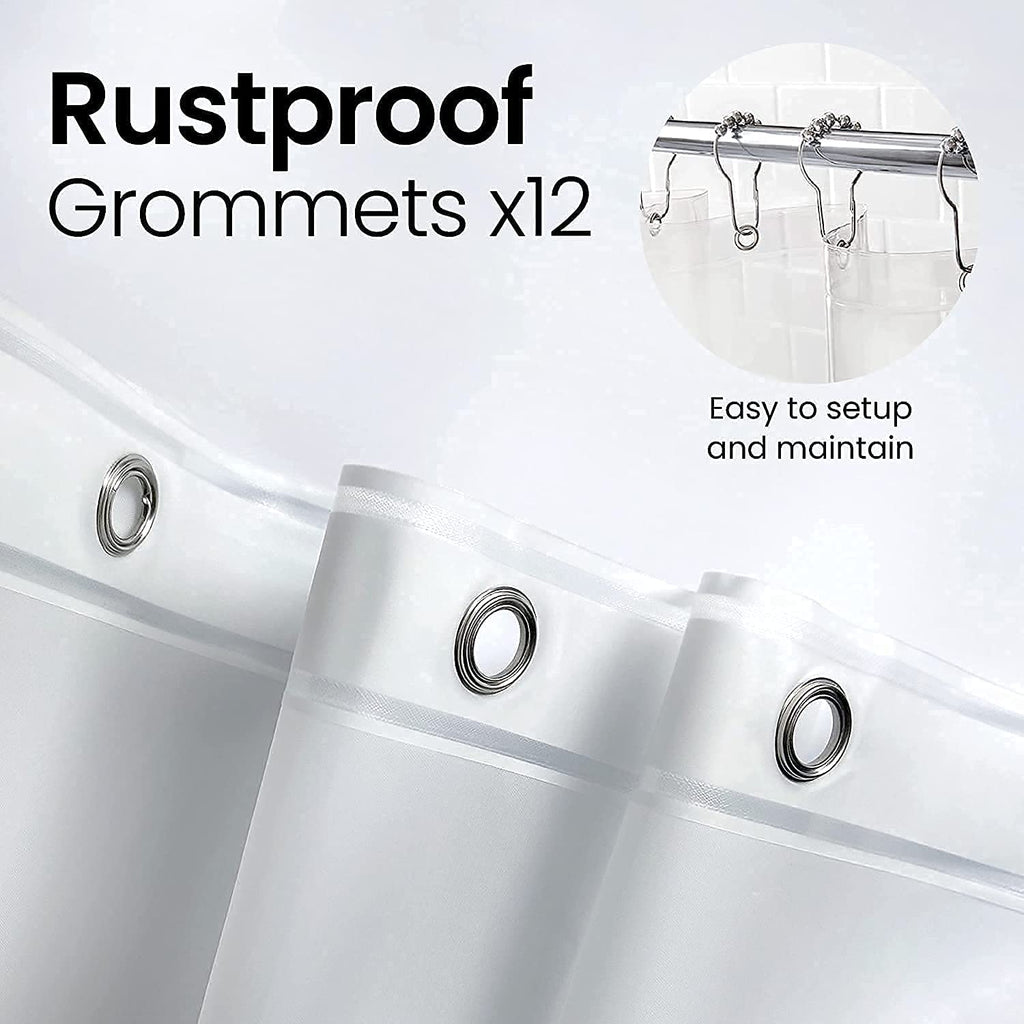 a white shower curtain with rings with text: 'Rustproof Grommets x12 Easy to setup and maintain'