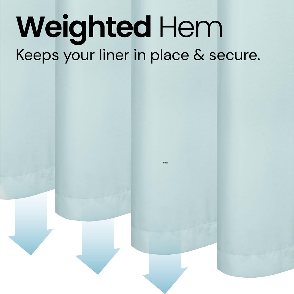 a close-up of a curtain with text: 'Weighted Hem Keeps your liner in place & secure. Black'