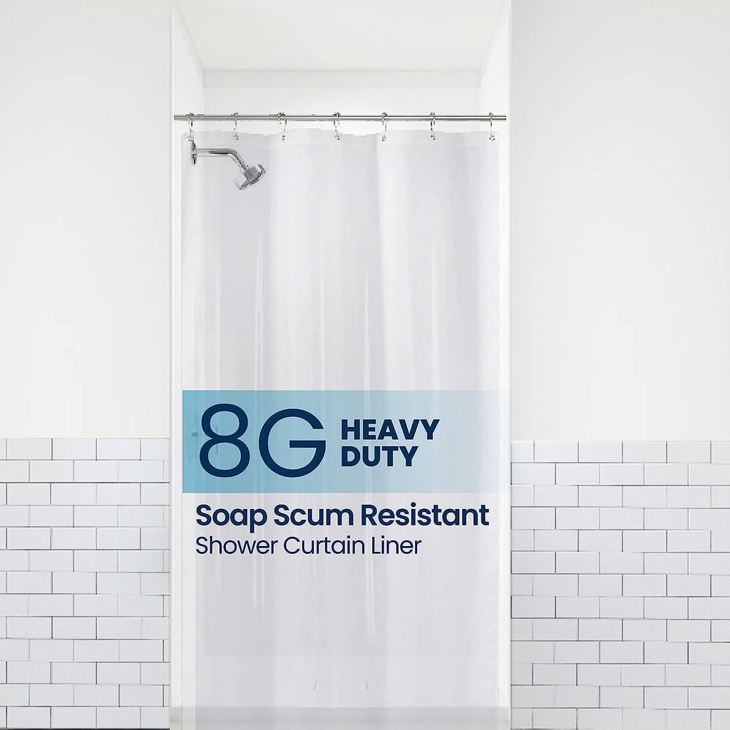a shower curtain in a bathroom with text: '8G HEAVY DUTY Soap Scum Resistant Shower Curtain Liner'