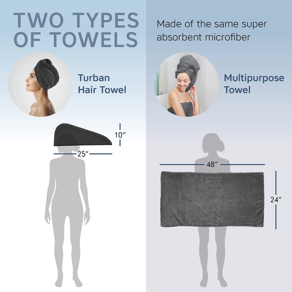 a comparison of different types of towels with text: 'TWO TYPES Made of the same super OF TOWELS absorbent microfiber Turban Multipurpose Hair Towel Towel - 10" 48" 24"'