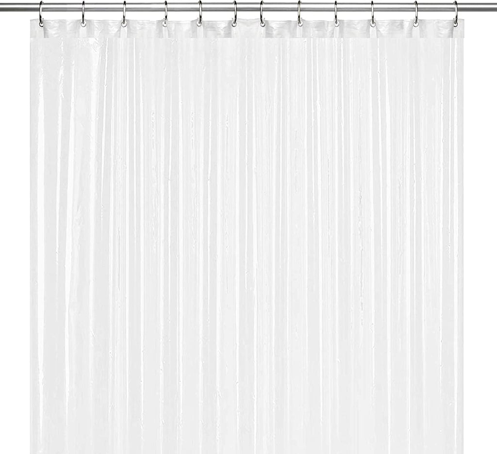 a shower curtain with metal hooks