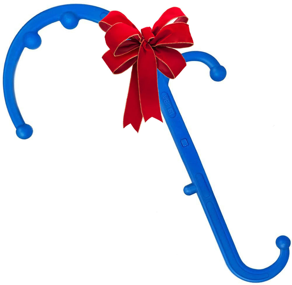 a blue toy umbrella with a red bow with text: 'LIBA'