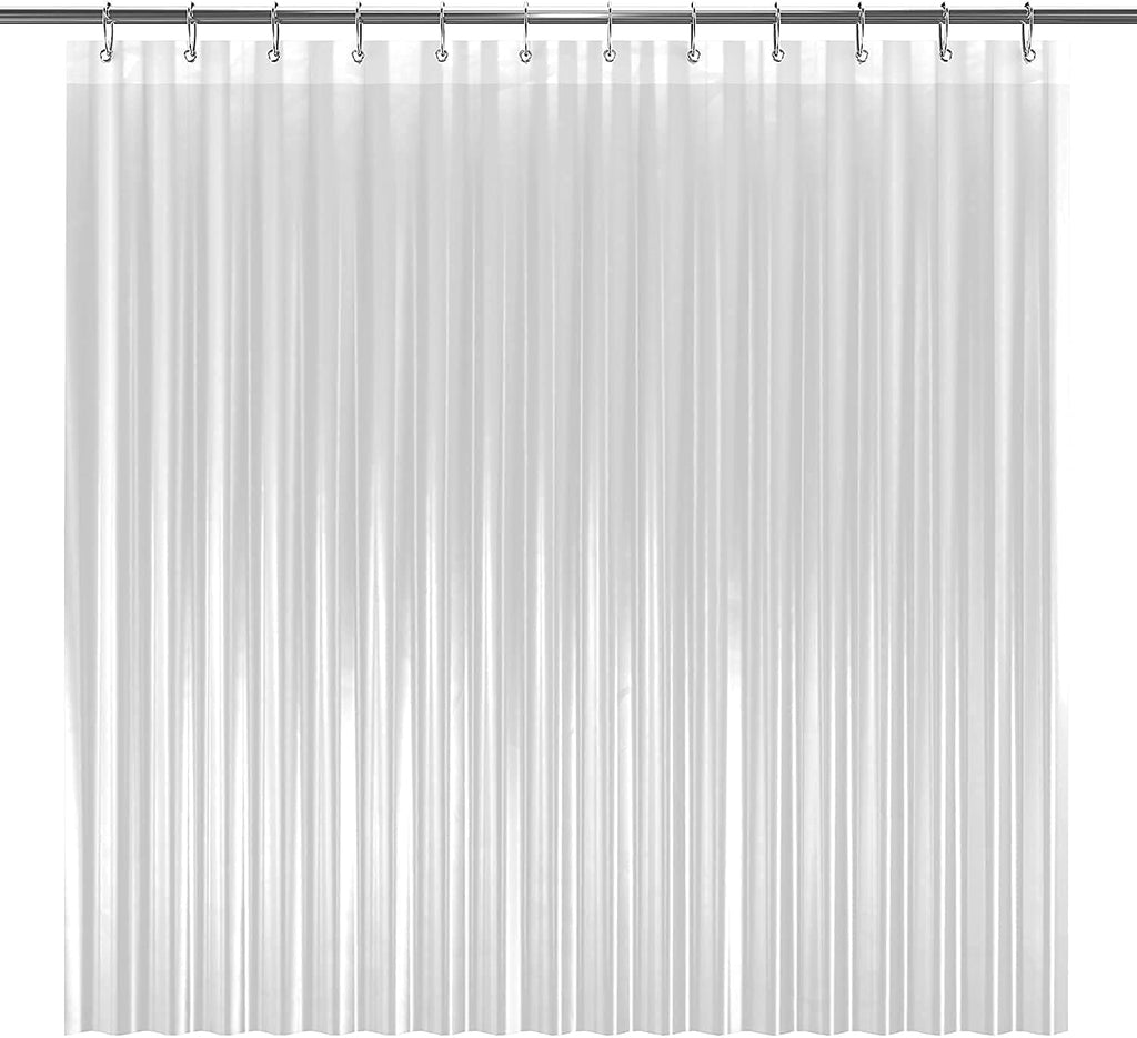 a white shower curtain with metal rod