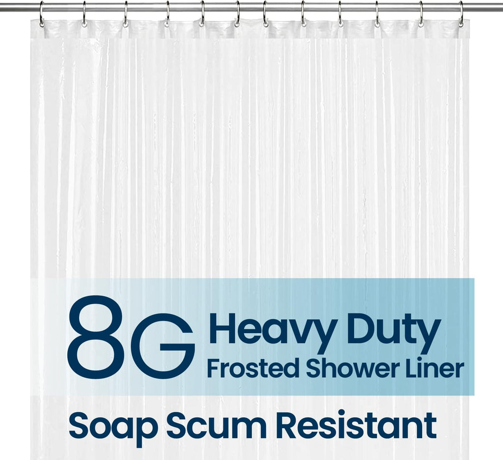 a shower curtain with a metal rod with text: '8G Heavy Duty Frosted Shower Liner Soap Scum Resistant'