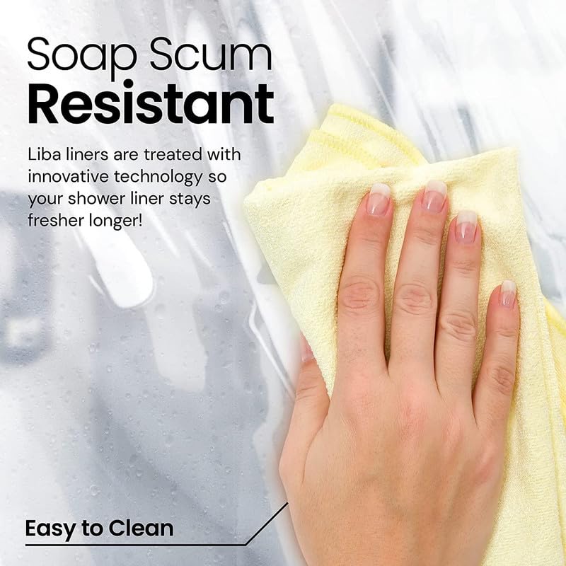 a hand holding a yellow towel with text: 'Soap Scum Resistant Liba liners are treated with innovative technology so your shower liner stays fresher longer! Easy to Clean'