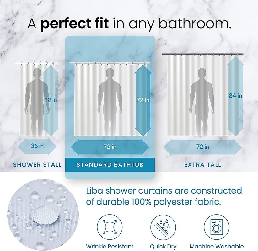 a diagram of a person shower curtain with text: 'A perfect fit in any bathroom. 84 in 72 in 72 in 36 in 72 in 72 in SHOWER STALL STANDARD BATHTUB EXTRA TALL Liba shower curtains are constructed of durable 100% polyester fabric. = D Wrinkle Resistant Quick Dry Machine Washable'
